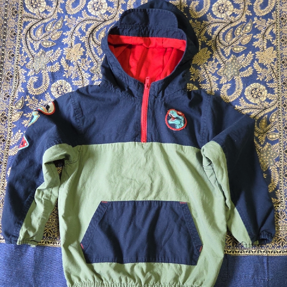 Kids Hooded Pullover Jacket - Navy & Green with Red Trim